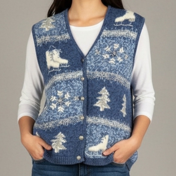 Northcrest Sweaters - North Crest Sweater Vest Size 1X (14W/16W) Ice Skates, Trees, Snowflakes
